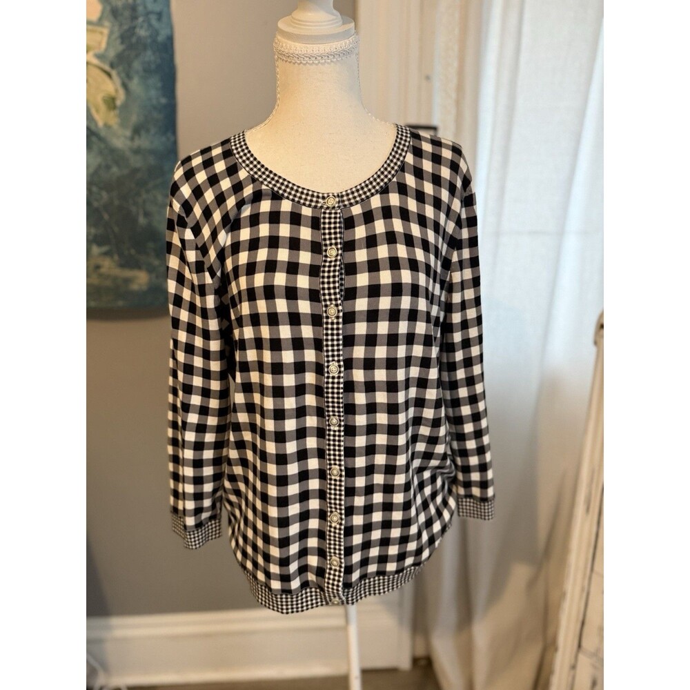 Talbots Petite Black White Gingham Check Cardigan Sweater LP Large Petite